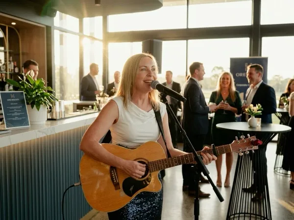 Katie McMahon performing at a corporate event